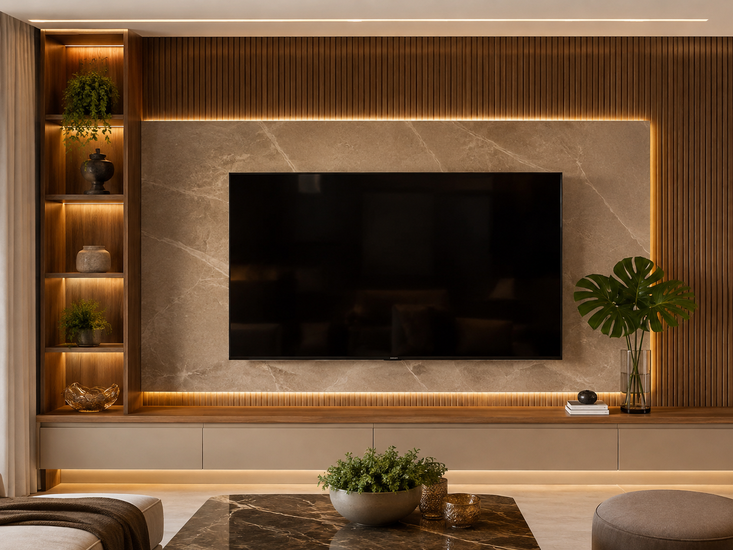 Painéis de TV e paredes decorativas planejadas.
